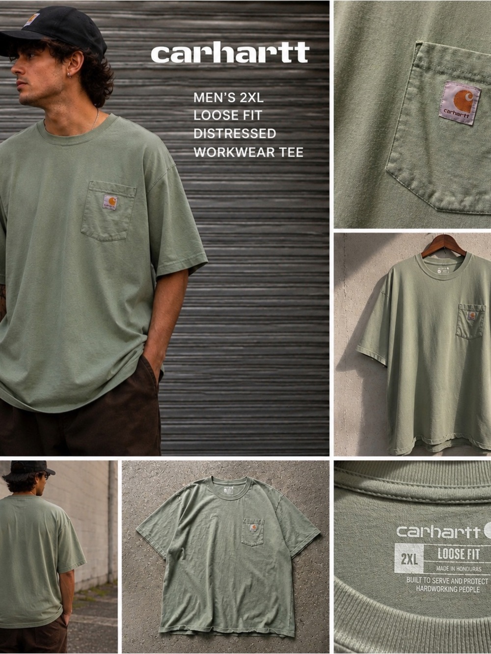 Carhartt Pocket T Shirt Men’s 2XL Green Distressed Loose Fit Workwear Grunge Tee